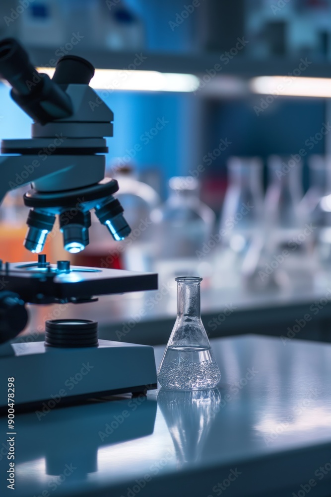 A microscope is on a table with a beaker of water next to it. The scene is set in a laboratory, and the mood is scientific and focused A microscope is on a table with a beaker of water next to it. The scene is set in a laboratory, and the mood is scientific and focused
