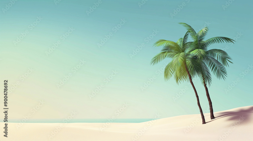 Sea, empty sandy shore and palm trees, minimalist landscape Sea, empty sandy shore and palm trees, minimalist landscape