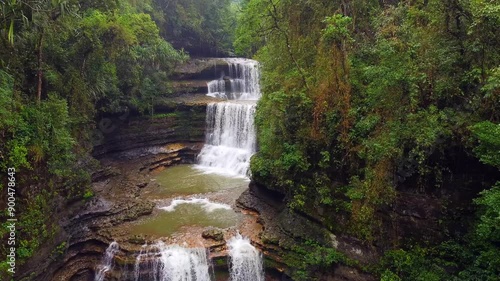 Beautiful aerial view of wei sawdong falls in megahalaya cherrapunji. The best tourist attraction in cherrapunji  meghalaya in India.