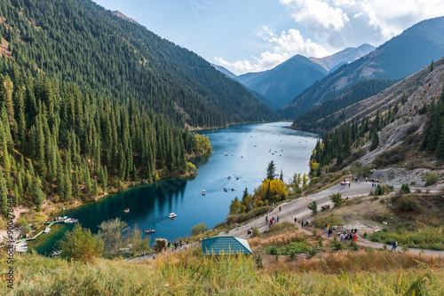 Beautiful view of Lake Kolsai, Kazakhstan. Sunny day and clear weather