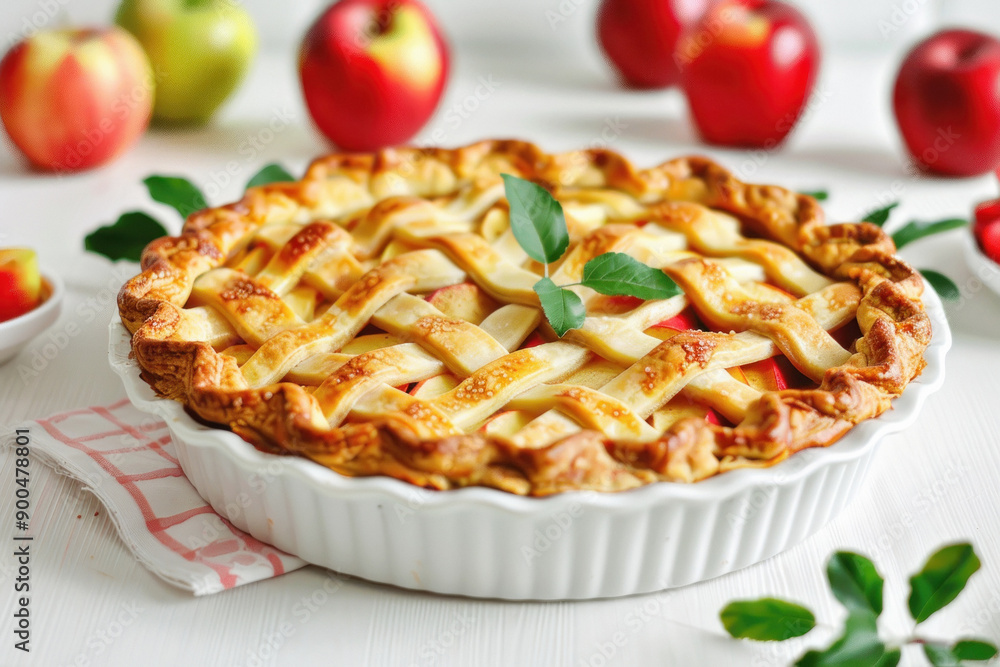 Homemade apple pie with fresh fruit on a white kitchen table Homemade apple pie with fresh fruit on a white kitchen table