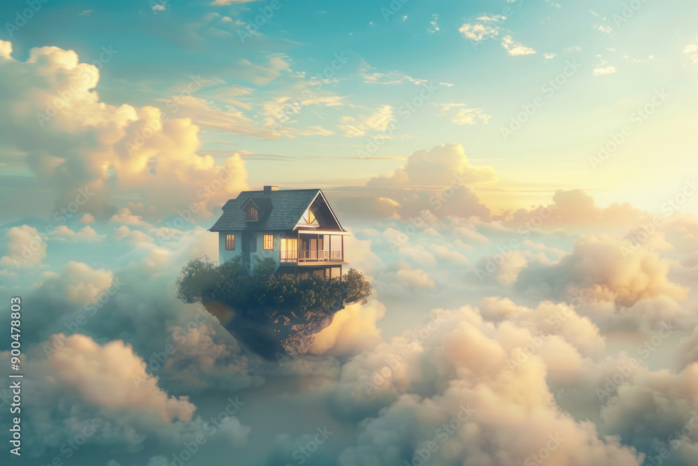 House floating on clouds in a surreal dreamlike scene House floating on clouds in a surreal dreamlike scene