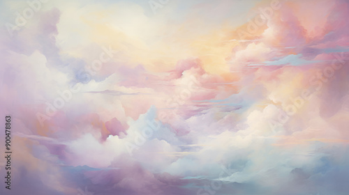 Ethereal Cloudscape Background. Beautiful skyscape with the sunlight. The sky is filled with fluffy clouds in shades of pink, purple, and blue. Tranquil and picturesque scene. Warm glow.