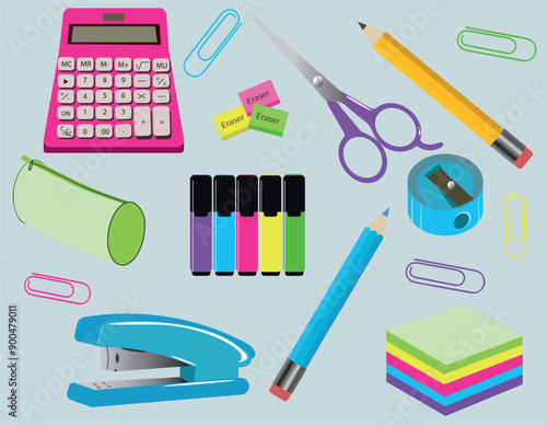 School and office supplies vector set background with colorful school items and stationery collection in white background. Vector illustration.