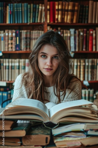 Young Woman Reading Book in Vintage Library