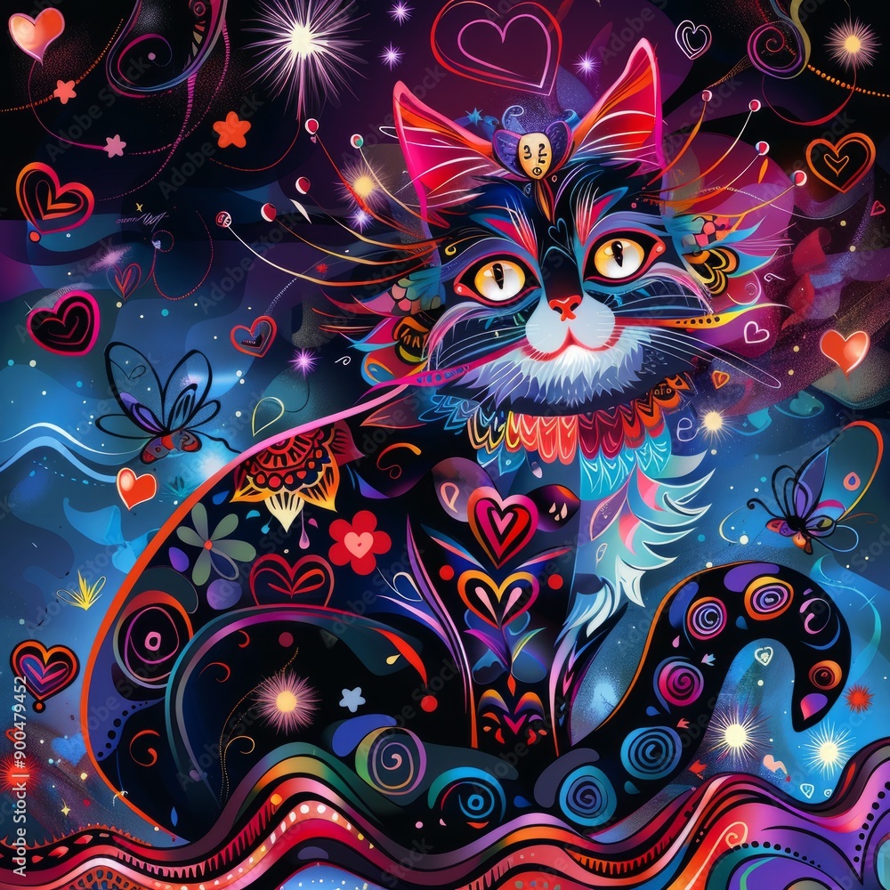 Fototapeta Colorful, abstract cat illustration with hearts and flowers.