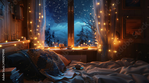 Warm and inviting bedroom with fairy lights illuminating the space as snow falls outside the window photo