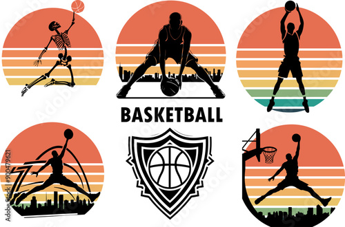 silhouette set of basketball sports collection, black and white skeleton basketball player t-shirt, logo designs