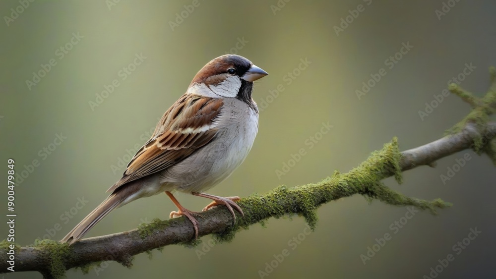 A House Sparrow Perched on a Mossy Branch A House Sparrow Perched on a Mossy Branch