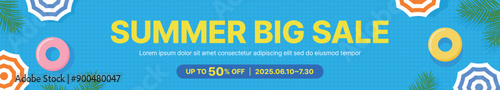 Summer season coupon sale event banner template illustration. In the background of a cute pool, there is a typographic that says 'Summer Big Sale', a tube, a parasol, and a palm tree.