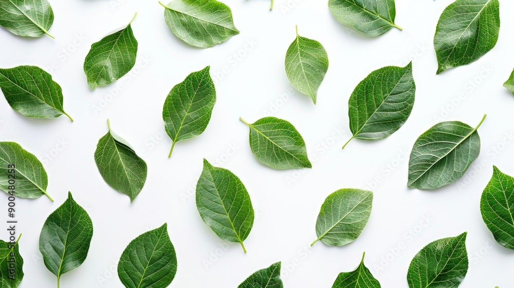 A bunch of green leaves spread out on a white surface, ready for use as background or texture A bunch of green leaves spread out on a white surface, ready for use as background or texture