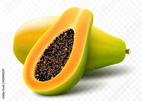 Set of colored papaya, isolated on transparent background. Pawpaw, papaya half with seeds, slice and whole juicy fruit. Tropical, exotic fruit. Realistic 3d vector illustration.