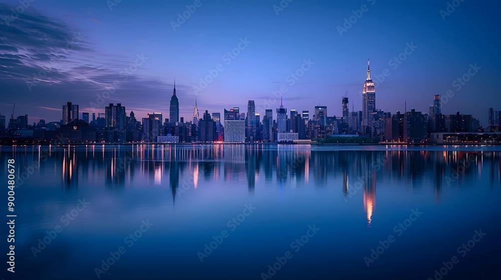 Obraz premium Panorama of the skyline of Manhattan, view from Jersey city during the blue hour. New York City skyline with the Empire State building at night with water reflections.