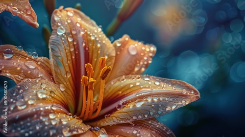 Blooming daisy flower with wet morning dew close up view. Nature background.