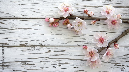 Spring Cherry Blossoms on Rustic Wooden Table photo