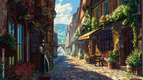Charming european village street with cozy shops and vibrant flowers basking in warm sunlight © Michael
