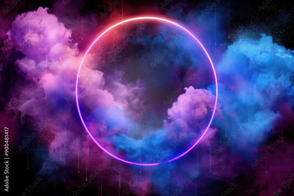 A surreal scene with a neon circle surrounded by vibrant, cloud-like formations in shades of purple, pink, and blue, against a dark background, creating a dreamlike atmosphere. A surreal scene with a neon circle surrounded by vibrant, cloud-like formations in shades of purple, pink, and blue, against a dark background, creating a dreamlike atmosphere.
