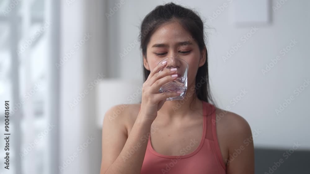 Refreshing moment: young woman savoring a glass of water at home Refreshing moment: young woman savoring a glass of water at home