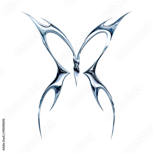 3d chrome metal effect neo tribal y2k gothic style tattoo. Cyber sigilism butterfly design icon.