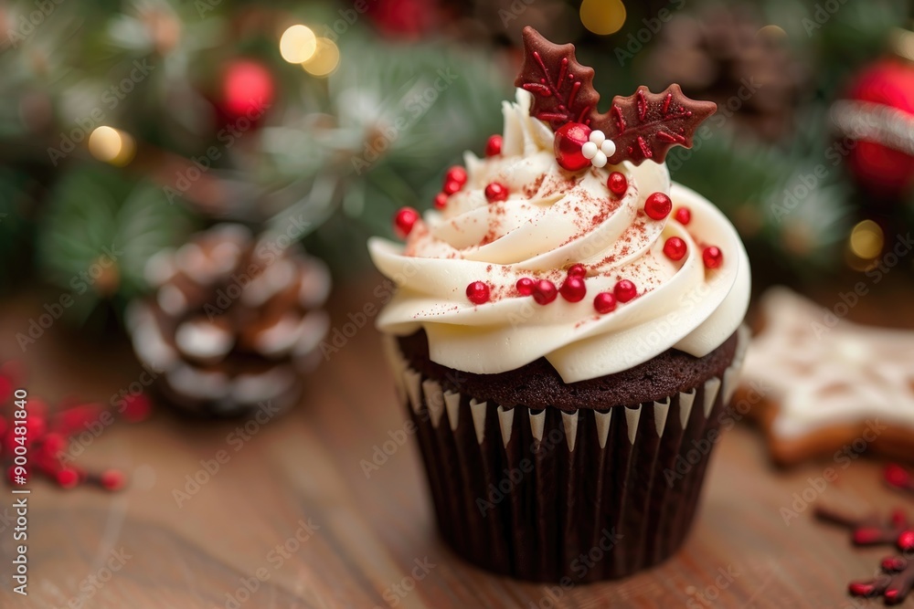 Festive Holiday Cupcake with Frosting and Decorations Festive Holiday Cupcake with Frosting and Decorations