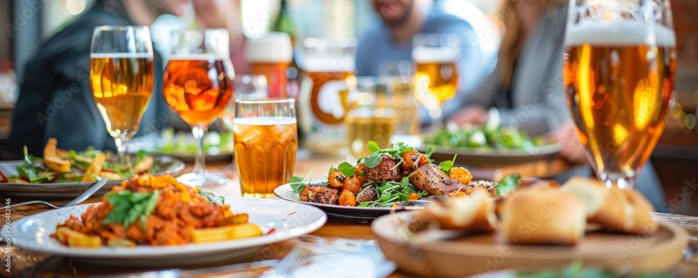 Group of friends enjoying a meal of hearty dishes and refreshing beer. Group of friends enjoying a meal of hearty dishes and refreshing beer.