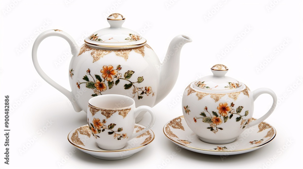 Elegant porcelain tea set with floral design, isolate on white background, classic and delicate Elegant porcelain tea set with floral design, isolate on white background, classic and delicate