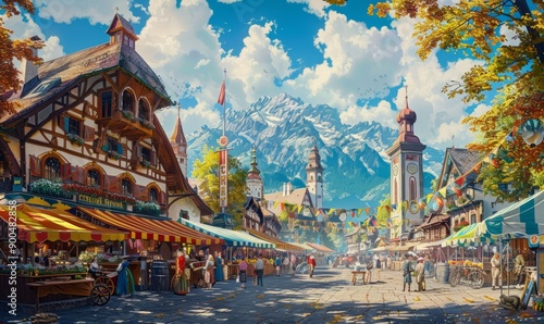 Vibrant Oktoberfest festival market with stalls and colorful banners. photo