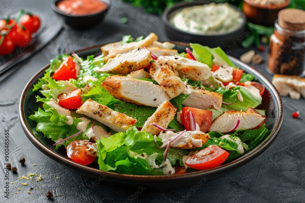 Delicious Caesar Salad! Or a London salad with chicken breast and homemade mayonnaise! Ideal photo for the menu, generative ai Delicious Caesar Salad! Or a London salad with chicken breast and homemade mayonnaise! Ideal photo for the menu, generative ai