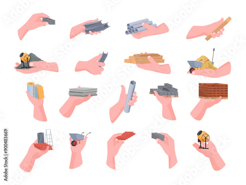 Male hands with tiny industrial building materials set isometric vector illustration