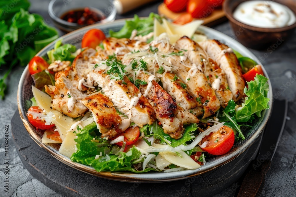 Delicious Caesar Salad! Or a London salad with chicken breast and homemade mayonnaise! Ideal photo for the menu, generative ai Delicious Caesar Salad! Or a London salad with chicken breast and homemade mayonnaise! Ideal photo for the menu, generative ai