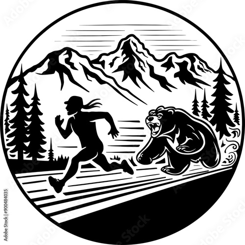 vintage silhouette marathon sport runner. black and white runner chased by bear funny motivation t-shirt, logo design on solid white background.