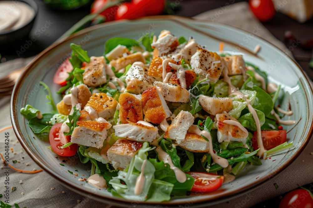 Delicious Caesar Salad! Or a London salad with chicken breast and homemade mayonnaise! Ideal photo for the menu, generative ai Delicious Caesar Salad! Or a London salad with chicken breast and homemade mayonnaise! Ideal photo for the menu, generative ai