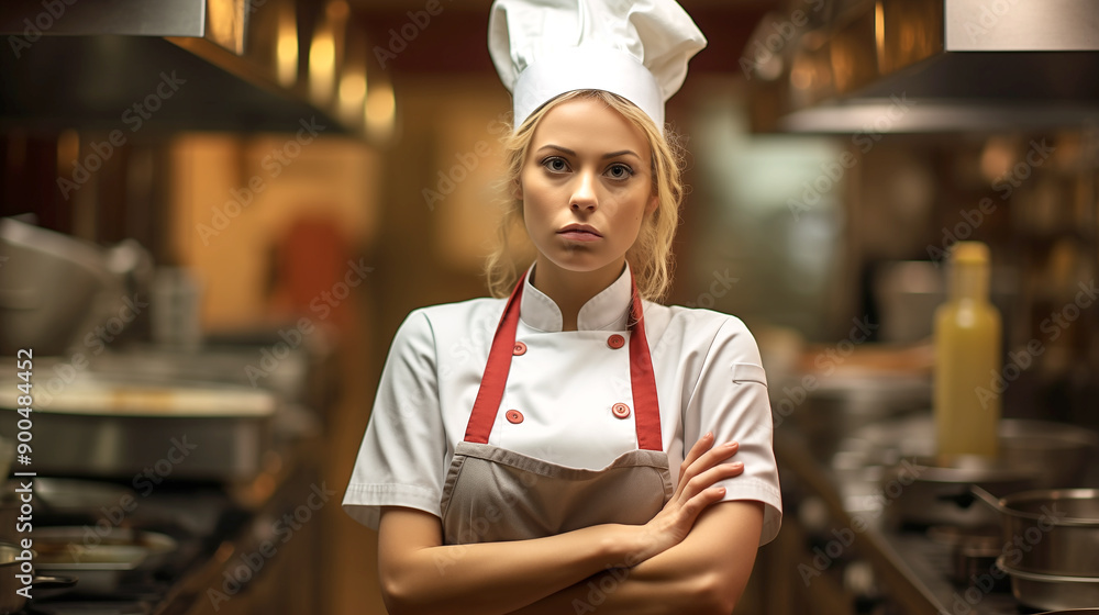 Portrait of serious tired young woman cook in apron and chef cap Portrait of serious tired young woman cook in apron and chef cap