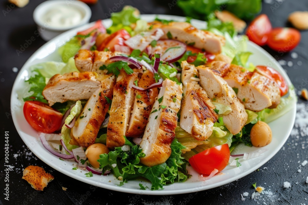 Delicious Caesar Salad! Or a London salad with chicken breast and homemade mayonnaise! Ideal photo for the menu, generative ai Delicious Caesar Salad! Or a London salad with chicken breast and homemade mayonnaise! Ideal photo for the menu, generative ai