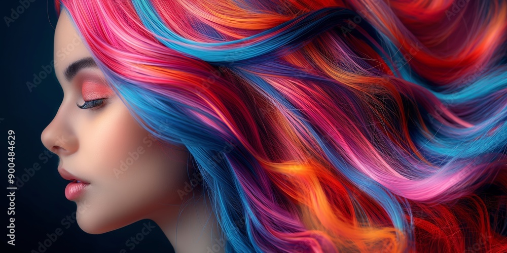 Naklejka premium Young model with a colourful hairstyle and bright makeup, showcasing glamour and beauty in a studio portrait.