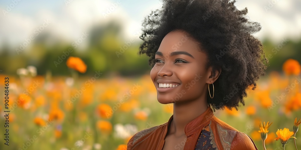 Naklejka premium Woman smiles in blooming field, carefree and happy, embodying beauty and joy of summer.