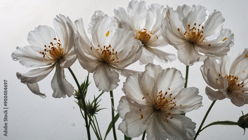 Silky flowers with semi-transparent petals on a white background. Beautiful and artistic floral wallpaper Silky flowers with semi-transparent petals on a white background. Beautiful and artistic floral wallpaper