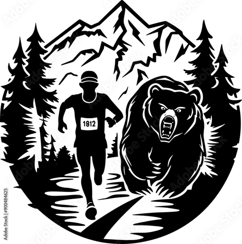 vintage silhouette marathon sport runner. black and white runner chased by bear funny motivation t-shirt, logo design on solid white background.