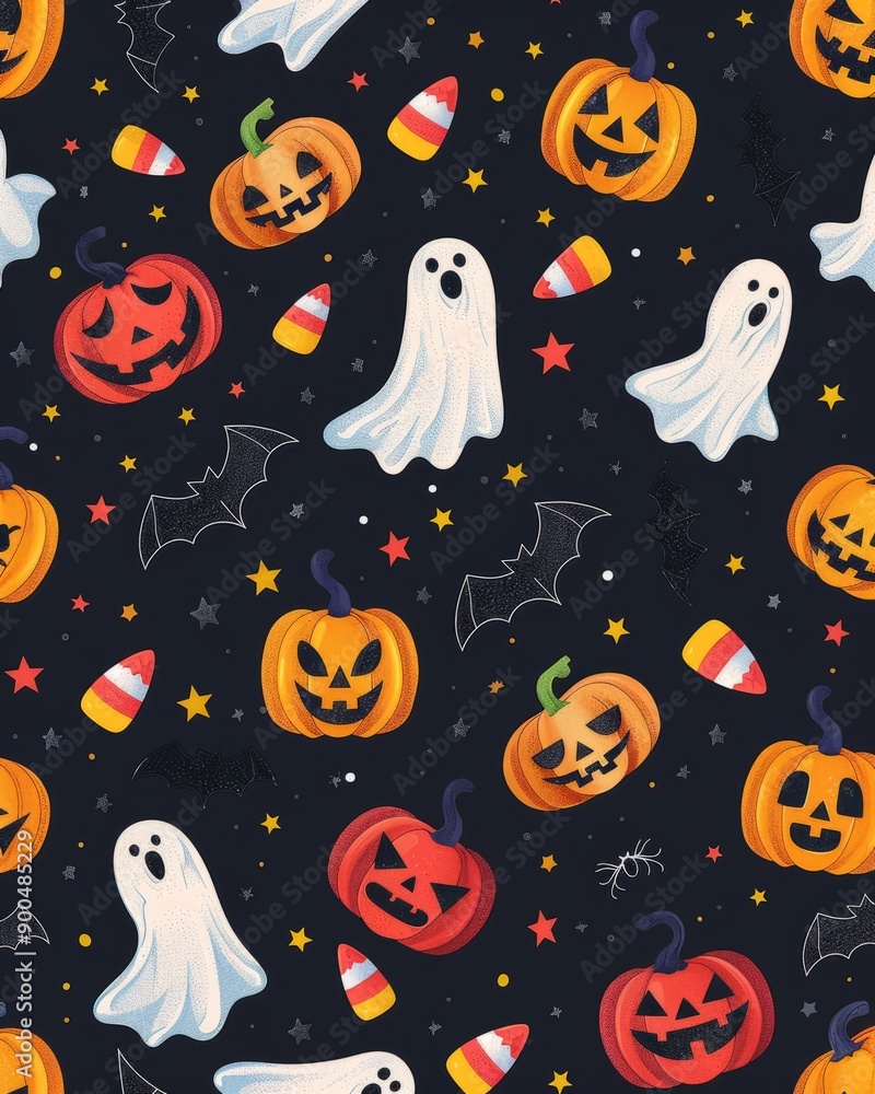 Halloween seamless pattern with pumpkins, ghosts, bats and candy corn. Halloween seamless pattern with pumpkins, ghosts, bats and candy corn.