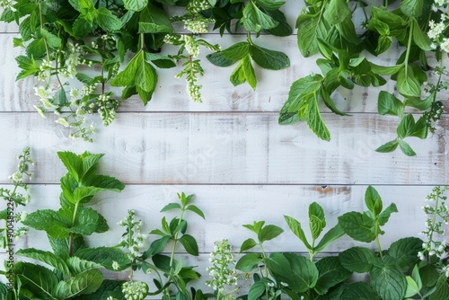 Green herbal mix of fresh mint and melissa herbs on white wooden background, generative ai