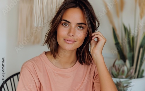Woman With Brown Hair in a Pink T-Shirt