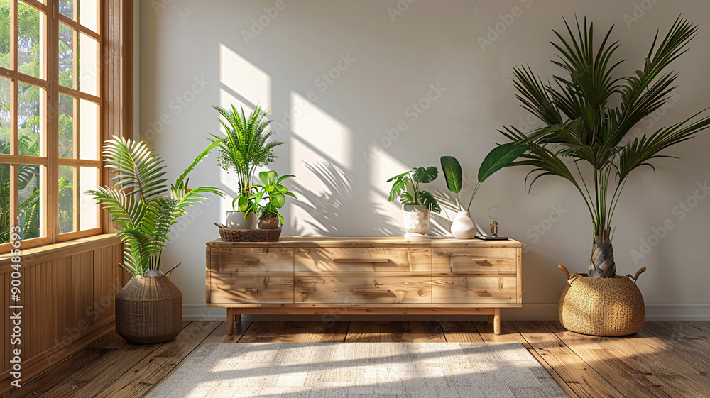 High-resolution 3D render, modern wooden cabinet, white room interior High-resolution 3D render, modern wooden cabinet, white room interior