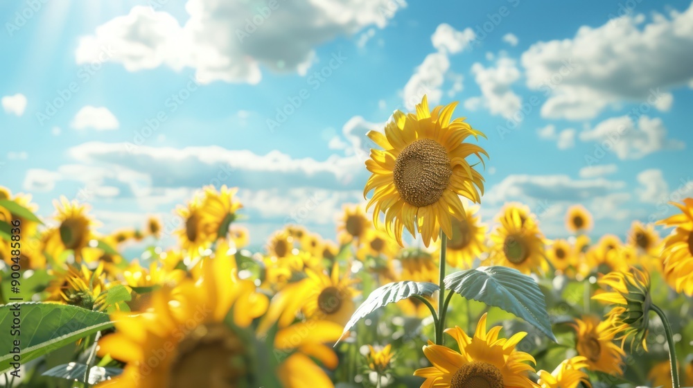 Obraz premium Beautiful blooming yellow sunflowers on sunflower seeds farm field