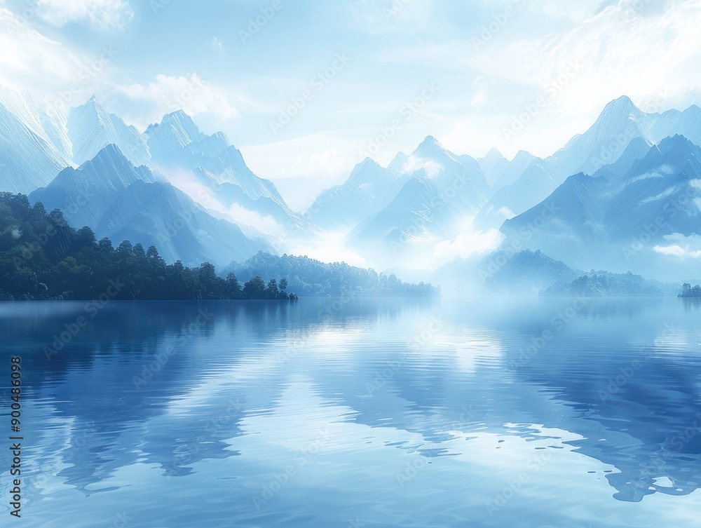 Fototapeta premium Tranquil Mountain Lake Reflection - Serene Nature Landscape with Calm Water, Outdoor Adventure Scenery