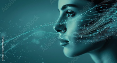 Woman Exhaling Blue Particles