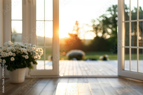 Open French Doors With Flowers And Sunset View