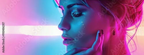 Woman's Face With Pink and Blue Lighting