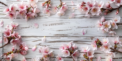 Spring Cherry Blossoms on Rustic Wooden Table photo