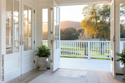Open French Doors With Flowers And Sunset View