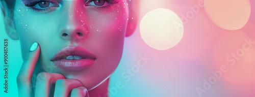 Woman's Face With Pink and Blue Lighting